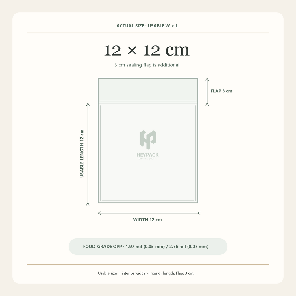 HeyPack clear OPP adhesive flap bag, usable size 12 × 12 cm plus 3 cm sealing flap