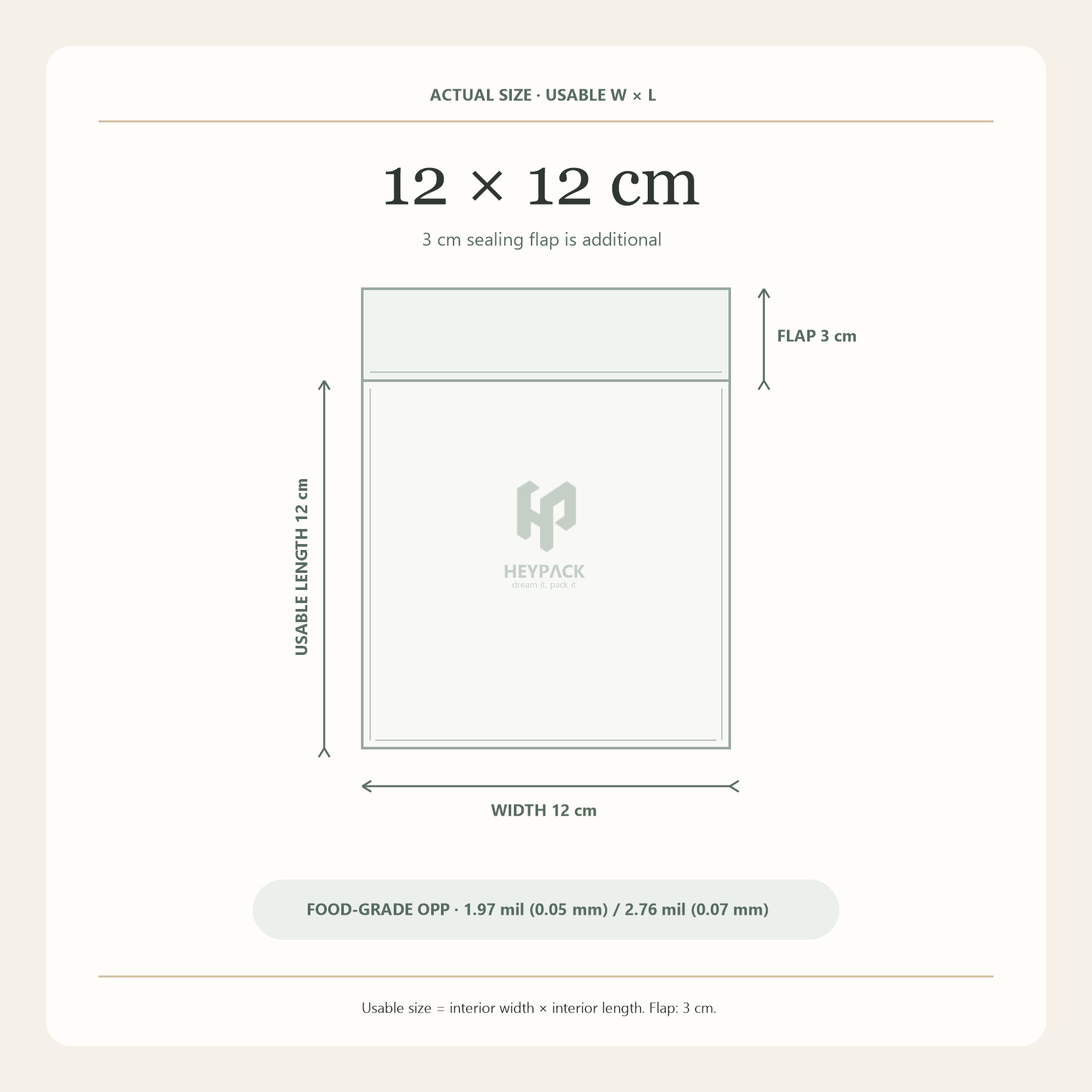 HeyPack clear OPP adhesive flap bag, usable size 12 × 12 cm plus 3 cm sealing flap
