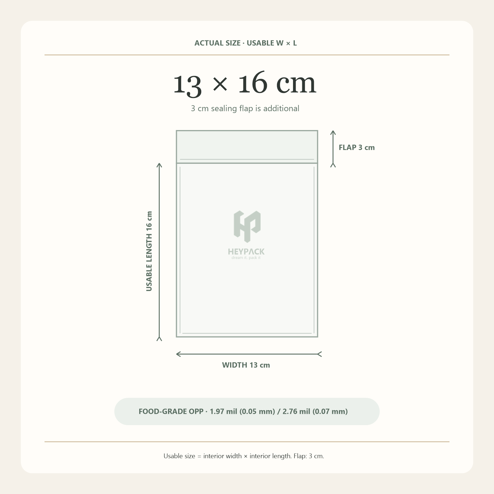 HeyPack clear OPP adhesive flap bag, usable size 13 × 16 cm plus 3 cm sealing flap