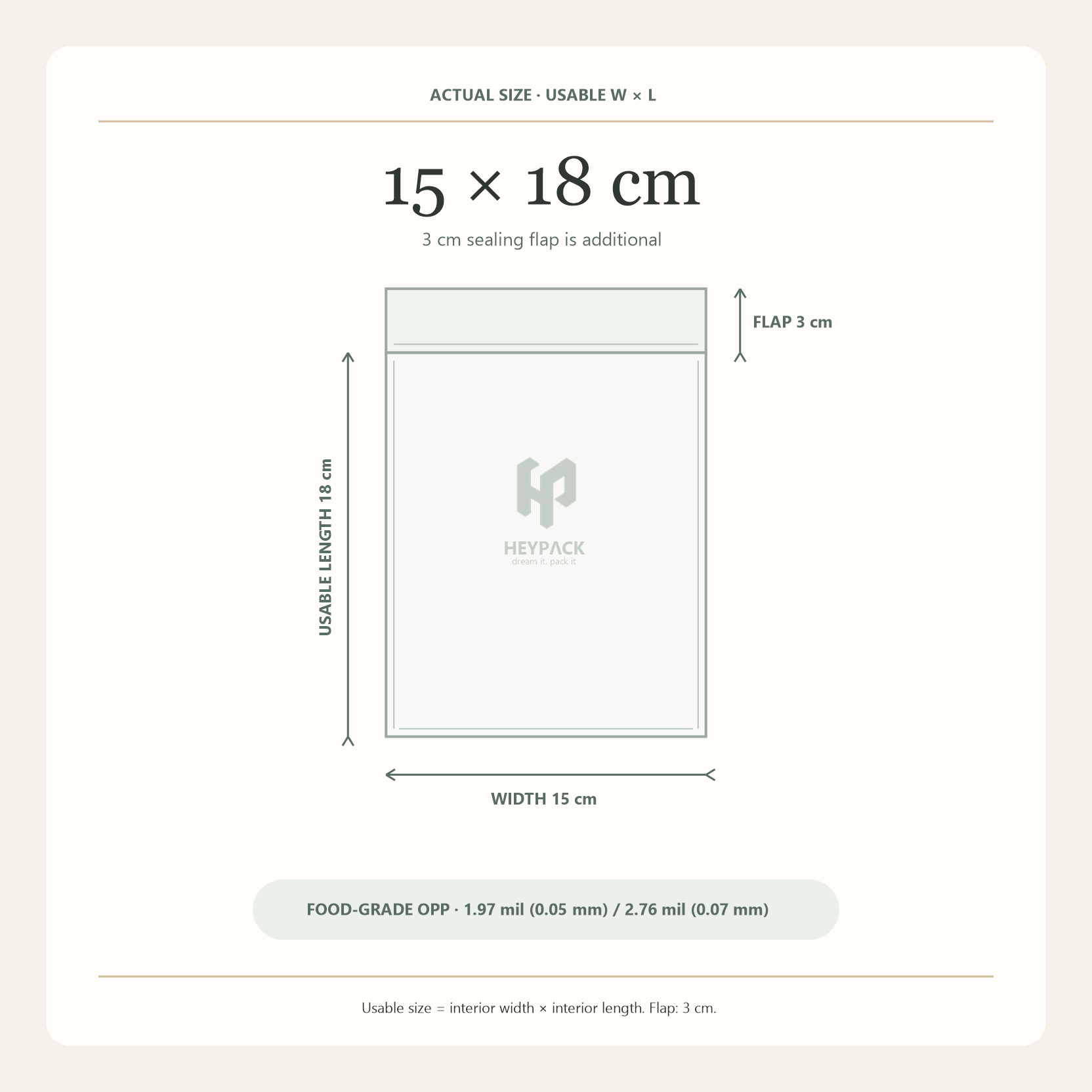 HeyPack clear OPP adhesive flap bag, usable size 15 × 18 cm plus 3 cm sealing flap