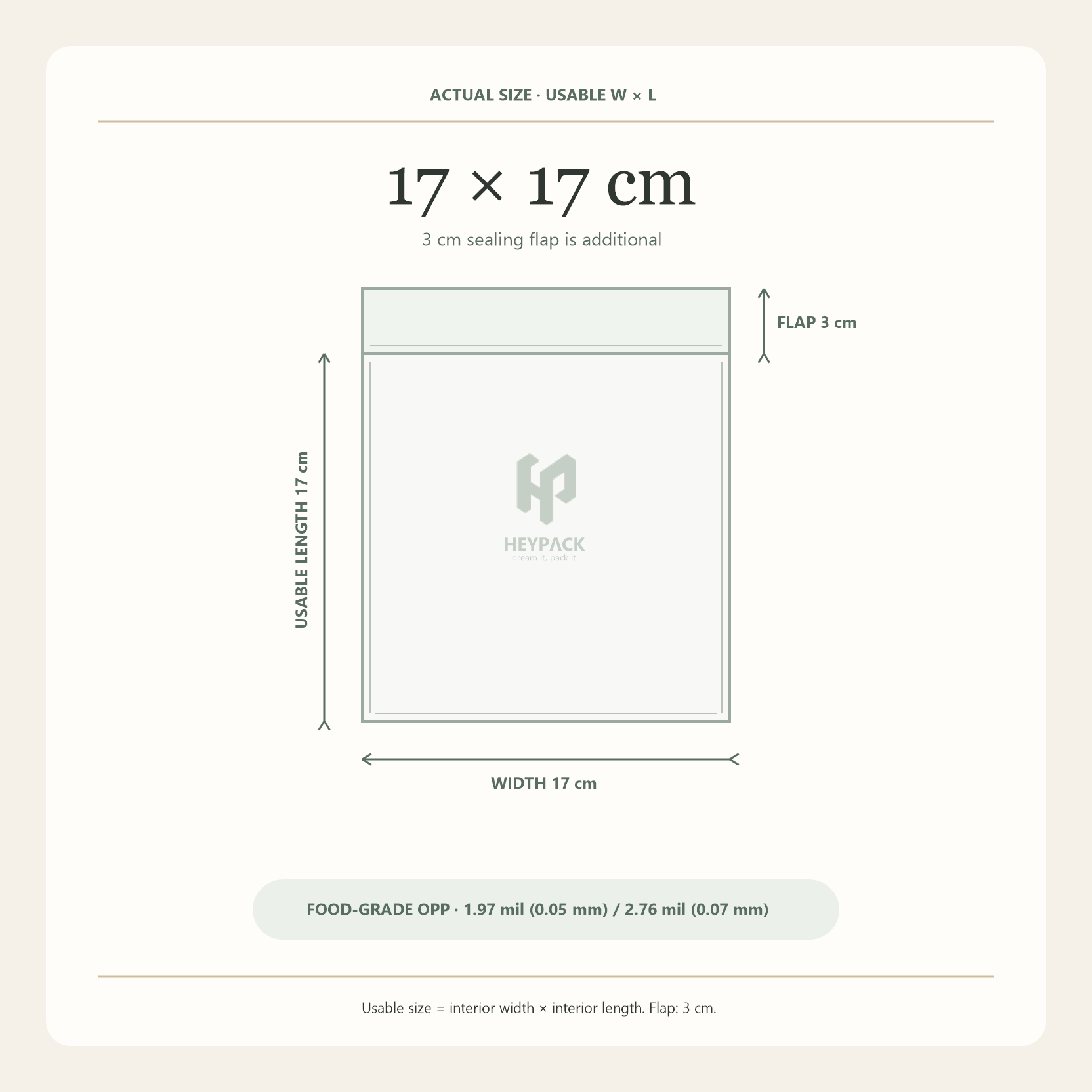 HeyPack clear OPP adhesive flap bag, usable size 17 × 17 cm plus 3 cm sealing flap