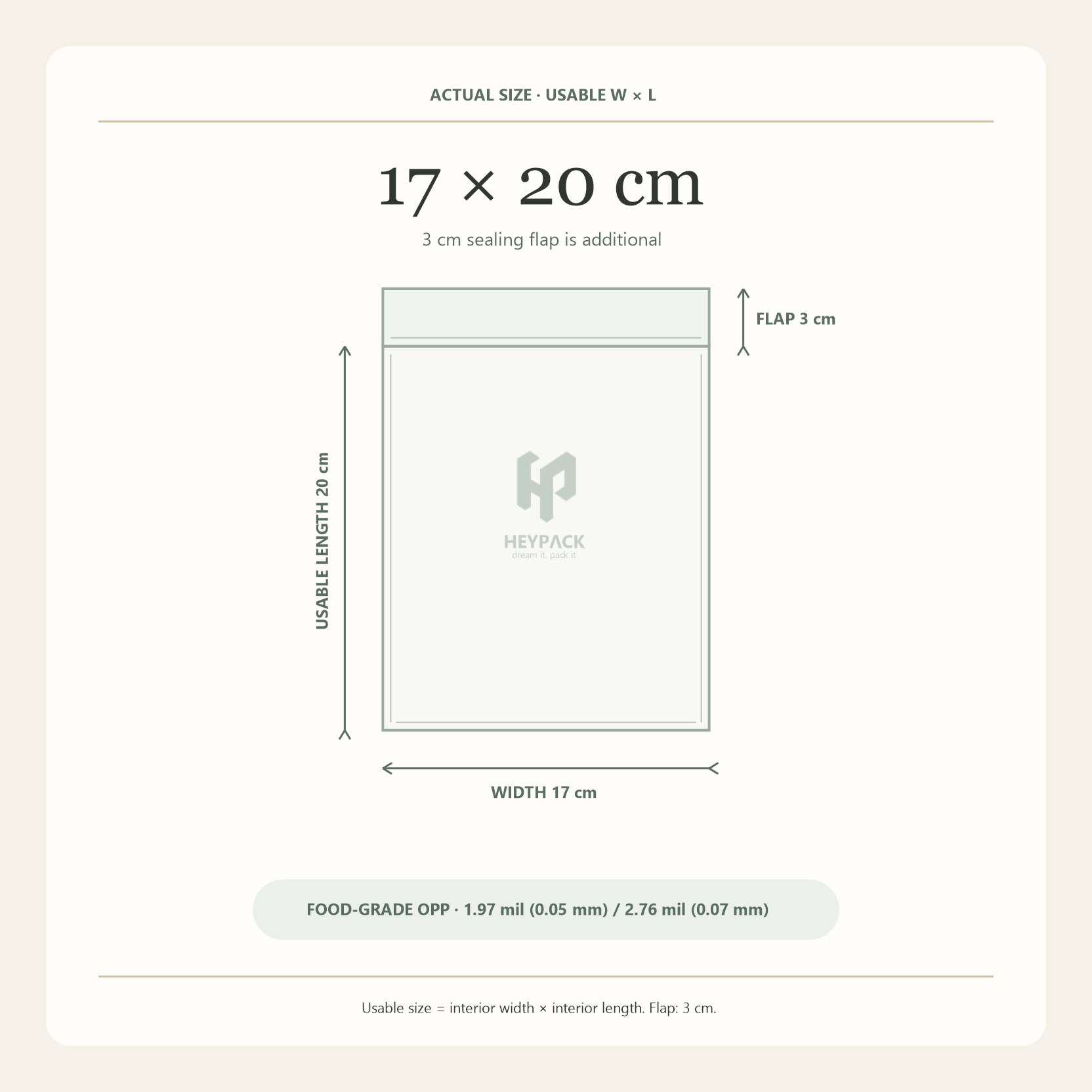 HeyPack clear OPP adhesive flap bag, usable size 17 × 20 cm plus 3 cm sealing flap