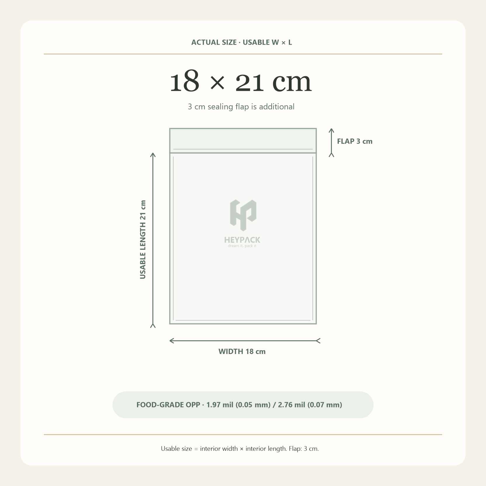 HeyPack clear OPP adhesive flap bag, usable size 18 × 21 cm plus 3 cm sealing flap