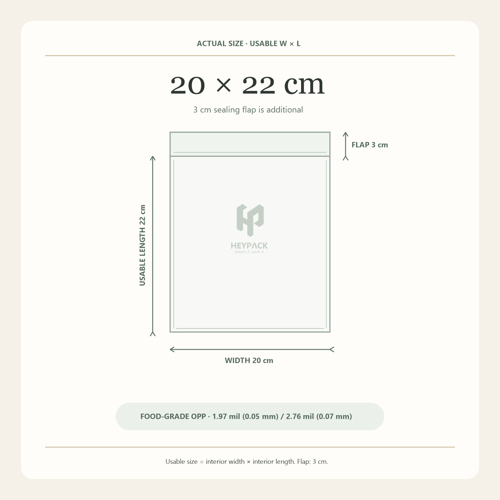 HeyPack clear OPP adhesive flap bag, usable size 20 × 22 cm plus 3 cm sealing flap