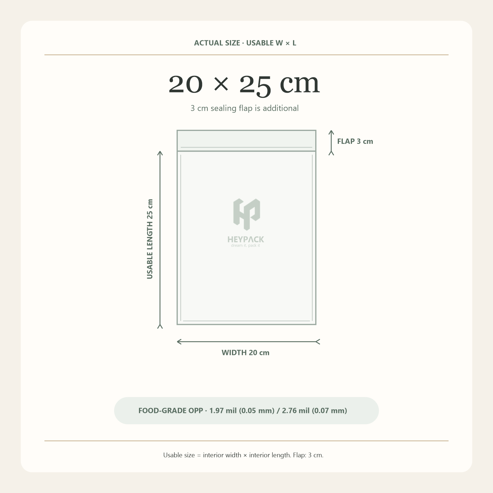 HeyPack clear OPP adhesive flap bag, usable size 20 × 25 cm plus 3 cm sealing flap