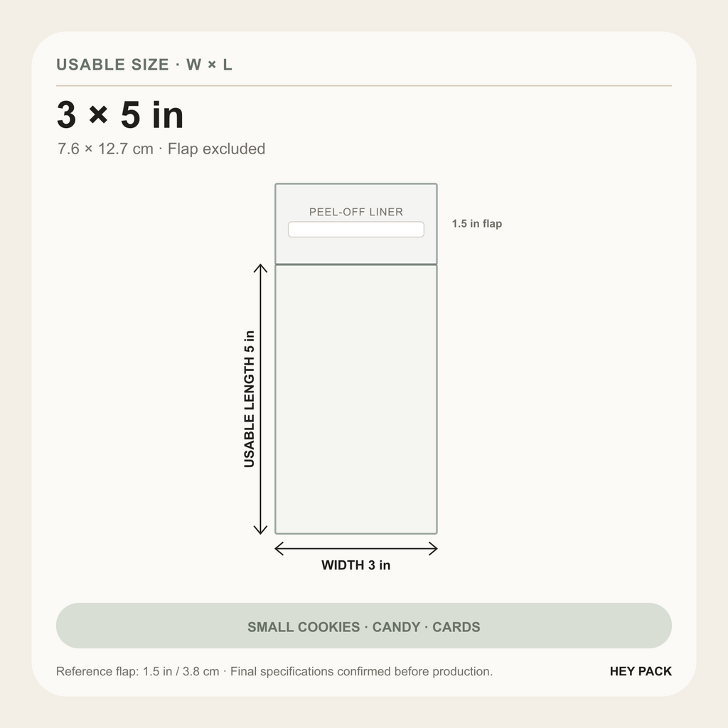 3 by 5 inch usable size clear OPP adhesive flap bag diagram