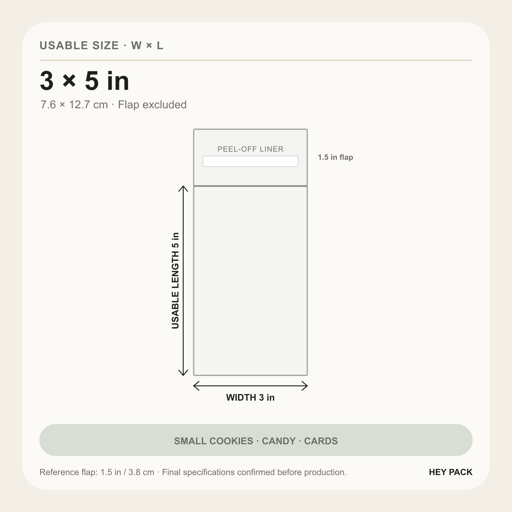 3 by 5 inch usable size clear OPP adhesive flap bag diagram