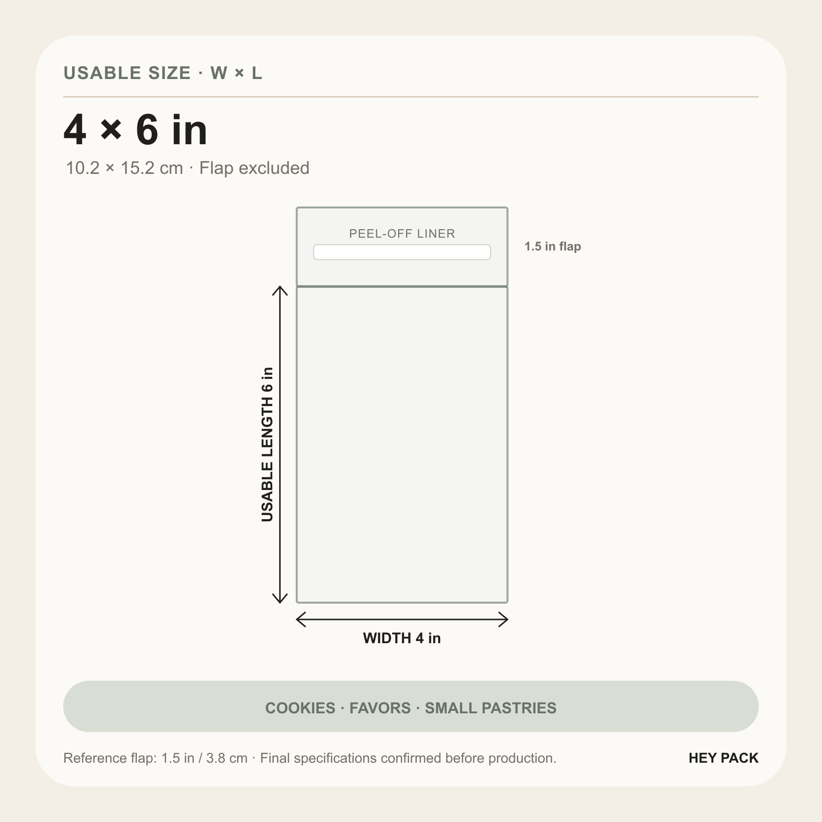 4 by 6 inch usable size clear OPP adhesive flap bag diagram