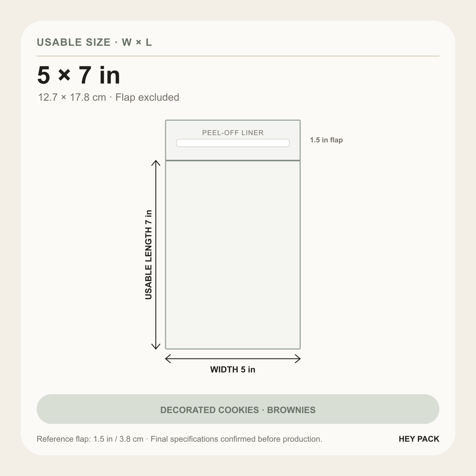5 by 7 inch usable size clear OPP adhesive flap bag diagram