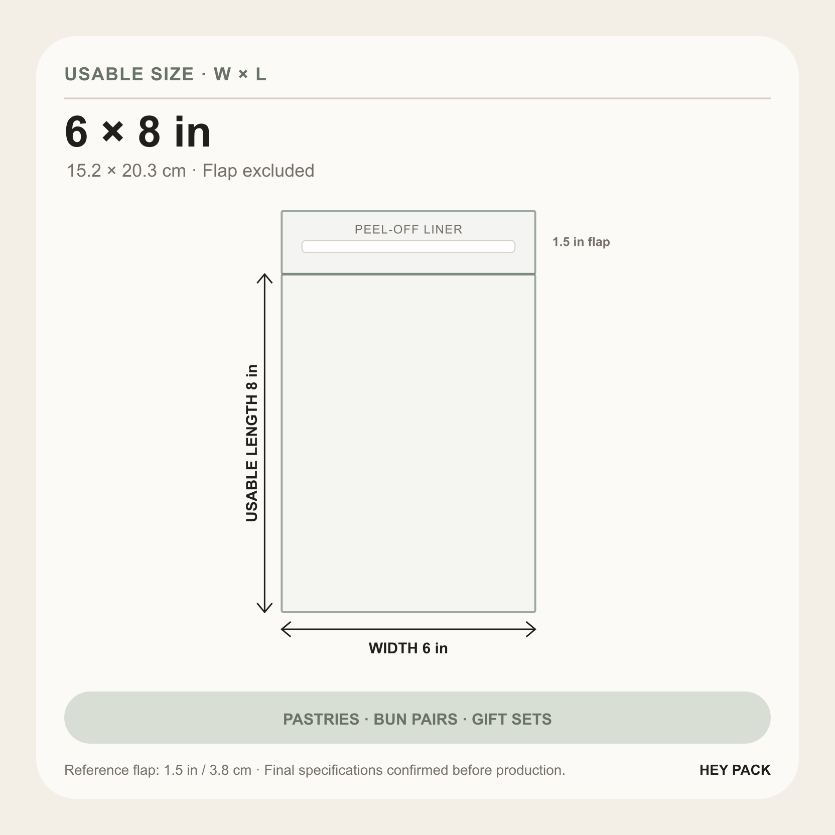 6 by 8 inch usable size clear OPP adhesive flap bag diagram