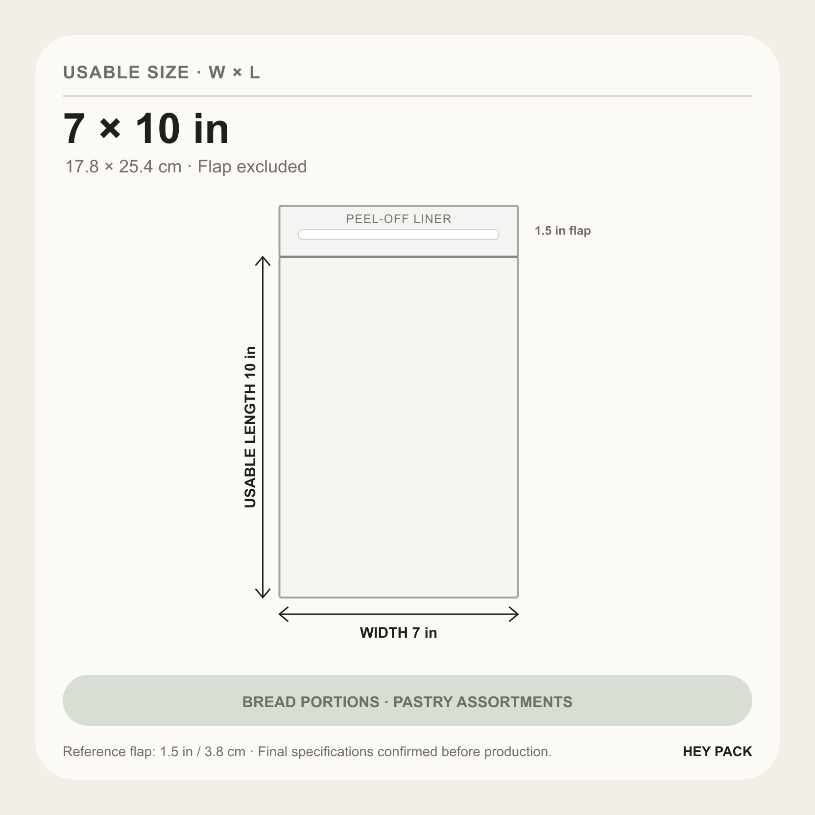 7 by 10 inch usable size clear OPP adhesive flap bag diagram