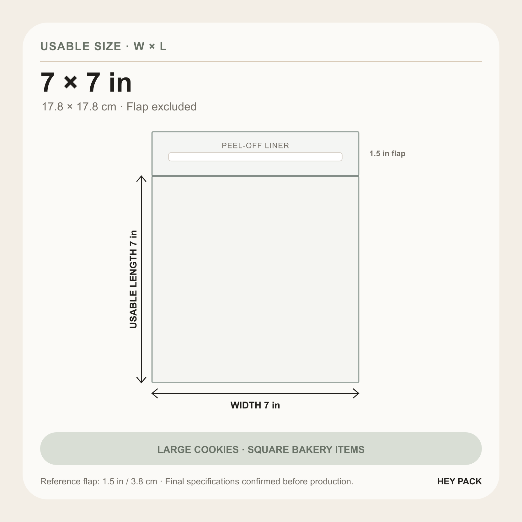 7 by 7 inch usable size clear OPP adhesive flap cookie bag diagram
