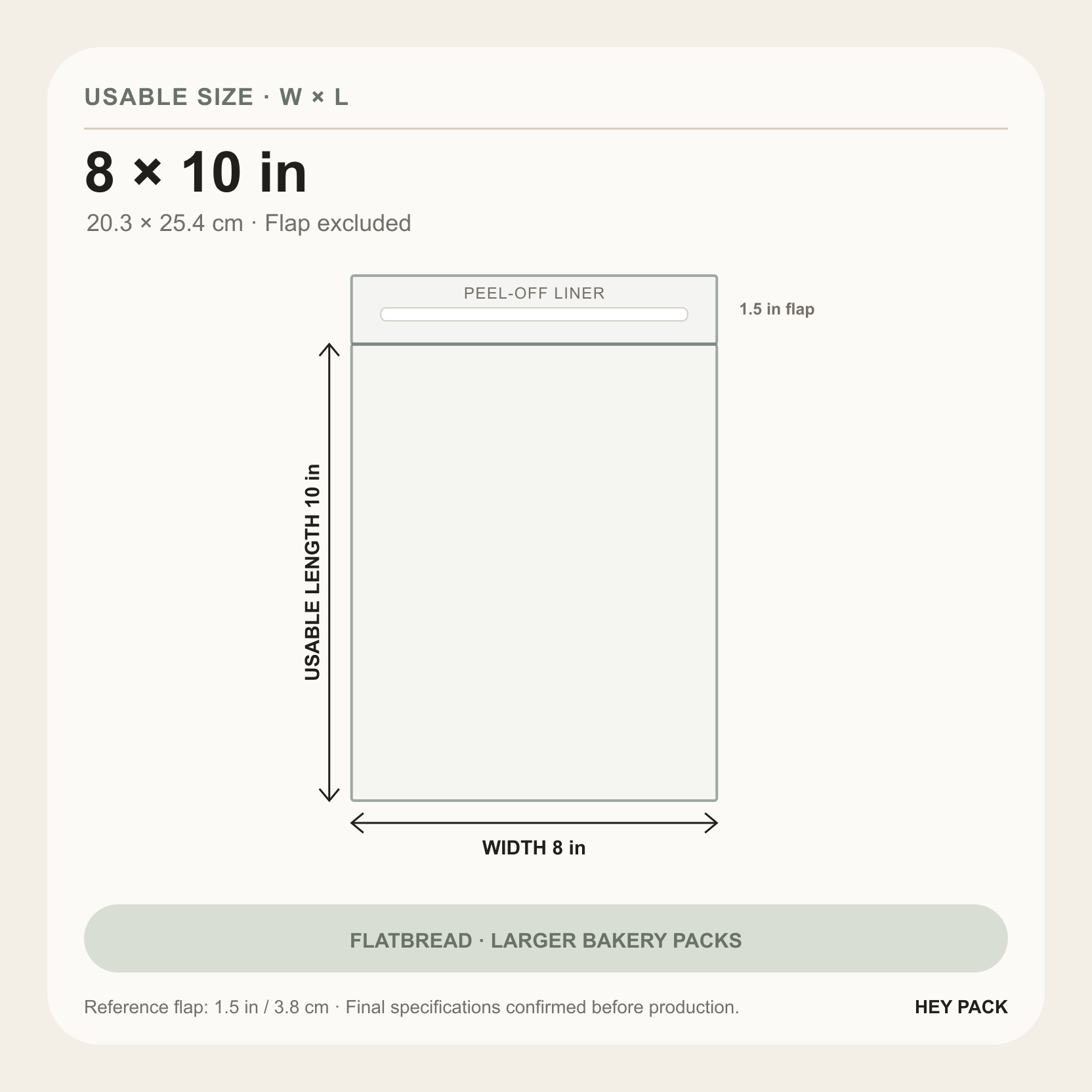 8 by 10 inch usable size clear OPP adhesive flap bakery bag diagram