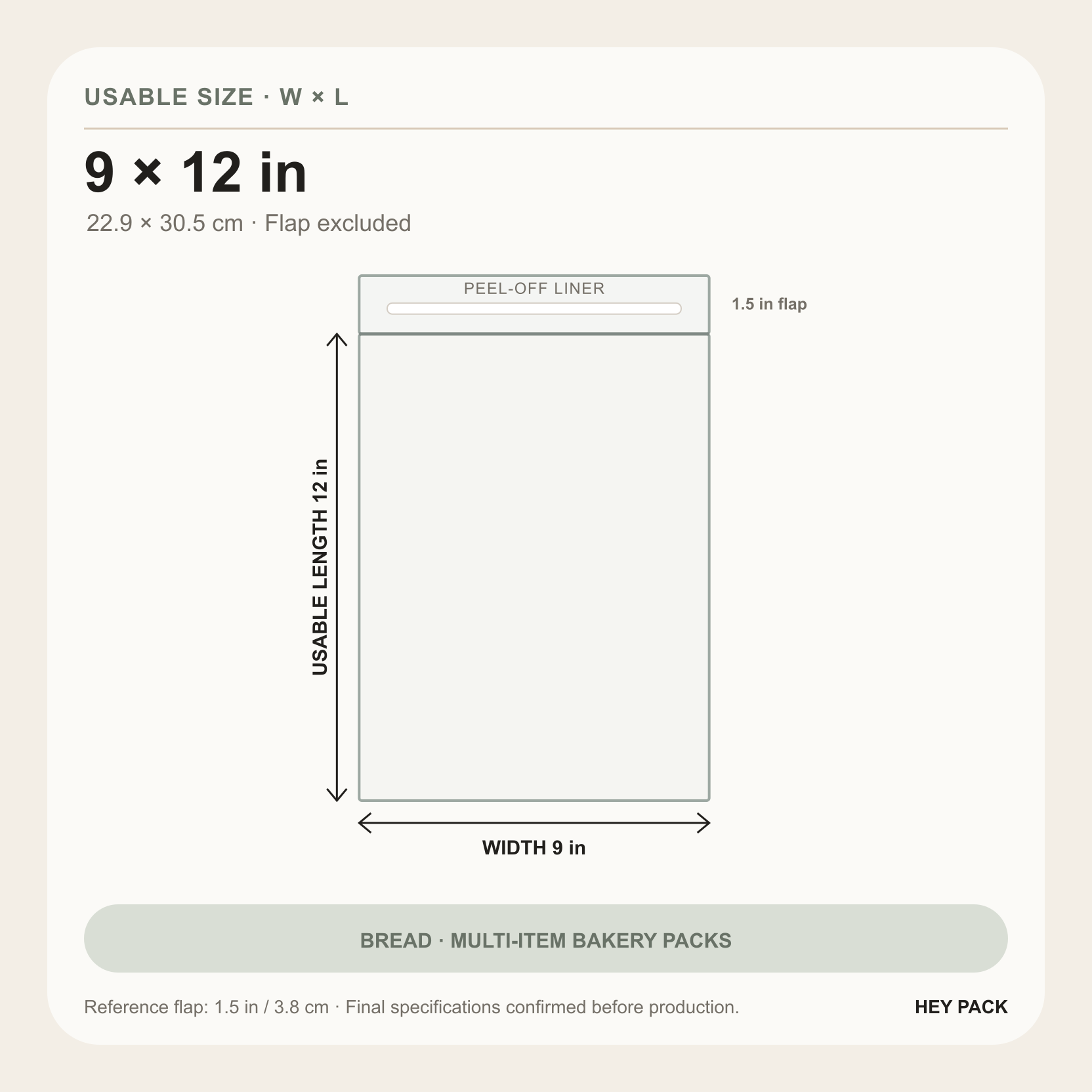 9 by 12 inch usable size clear OPP adhesive flap bread bag diagram