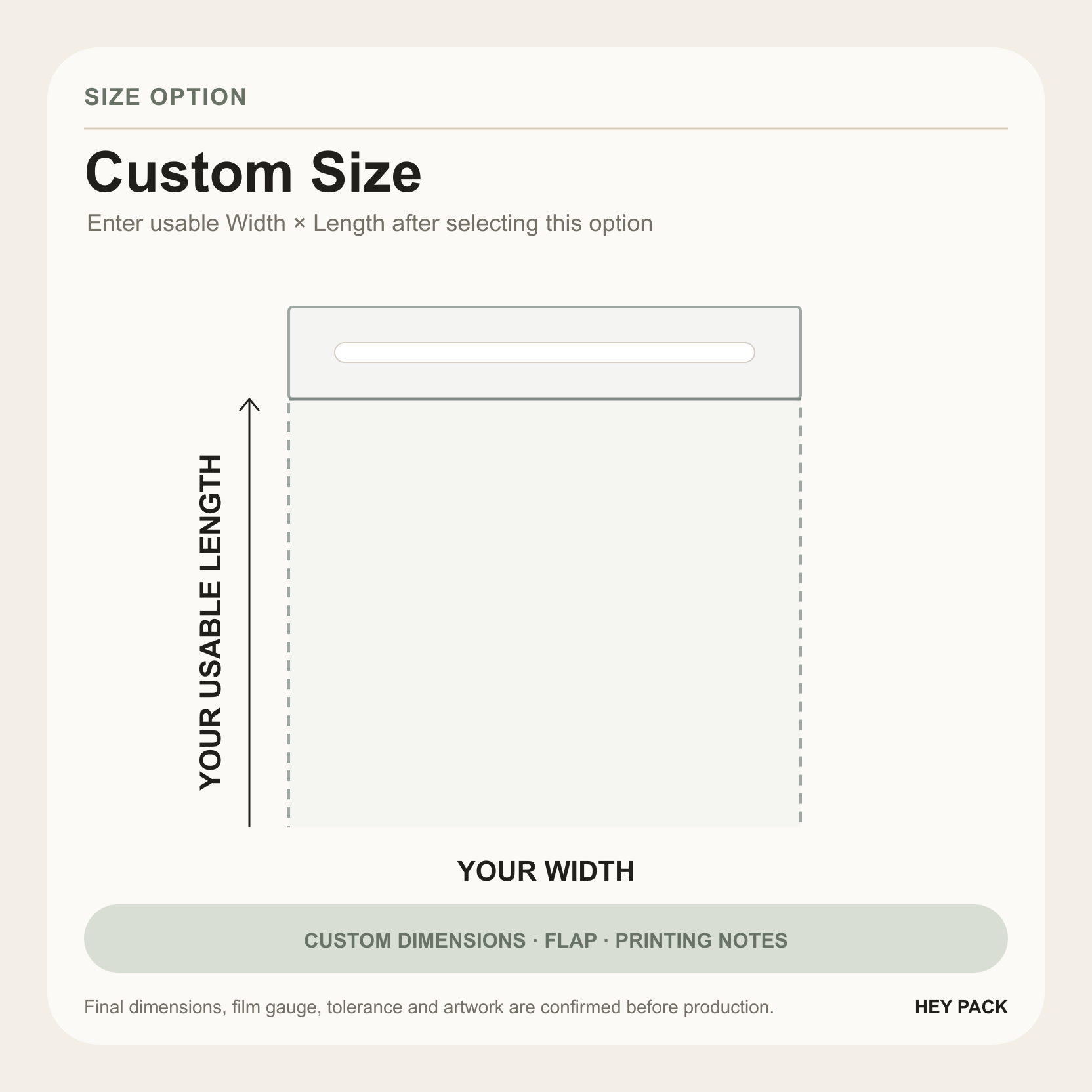 Custom usable width and length clear OPP adhesive flap bag diagram