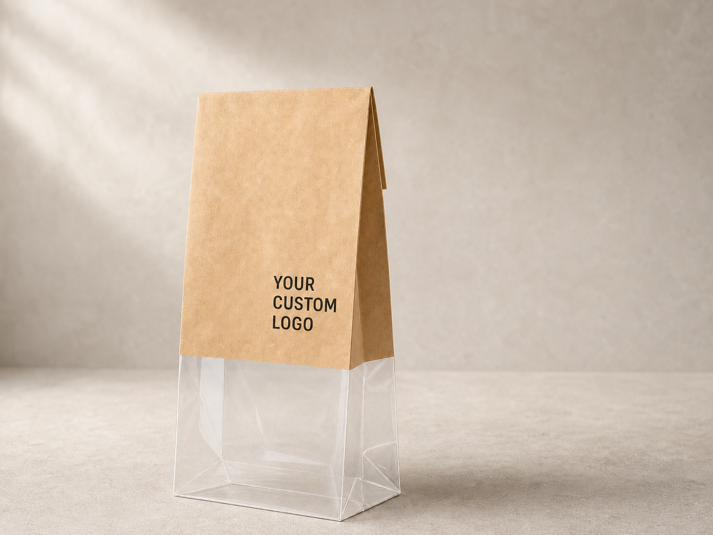 Kraft paper bread bag with a clear lower window and custom logo placeholder text